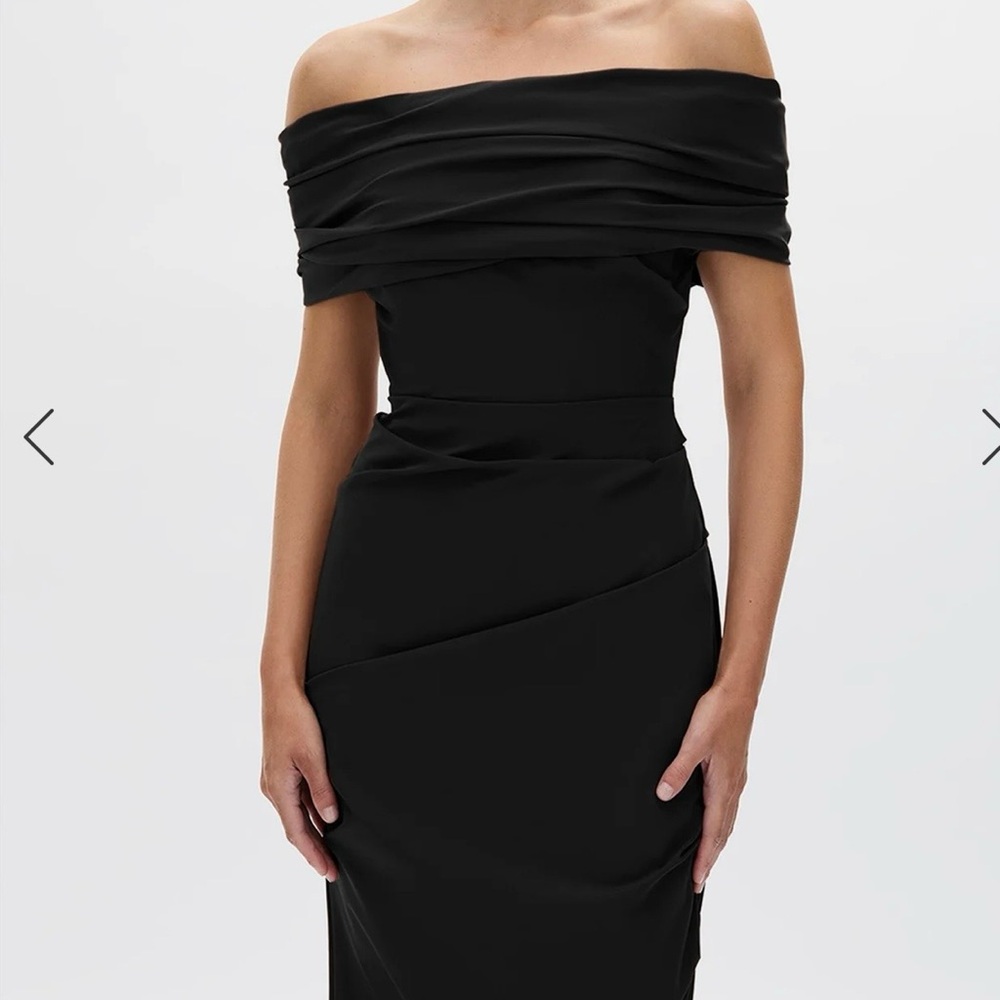 Rachel Gilbert Black Off the Shoulder Draped Sheath Dress